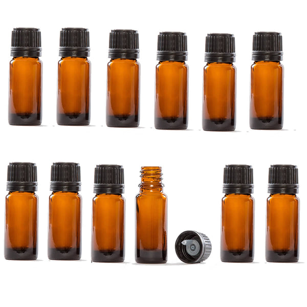 Glass Bottles for Essential Oils - 12 Pack 10 ml Refillable Empty Amber Bottle with Orifice Reducers and Black Lids
