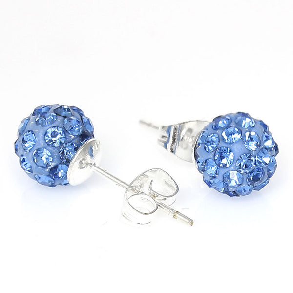 8mm Light Blue Rhinestones Crystal Fireball Disco Ball Pave Bead Stud Earrings - Sexy Sparkles Fashion Jewelry