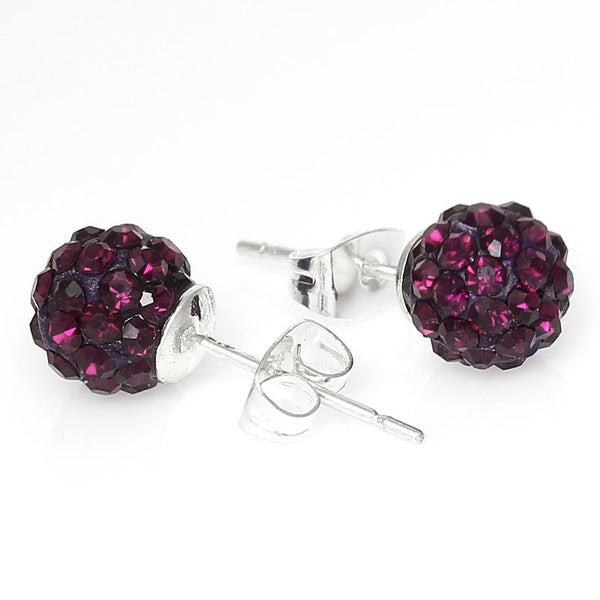 8mm Dark Purple Rhinestones Crystal Fireball Disco Ball Pave Bead Stud Earrings - Sexy Sparkles Fashion Jewelry