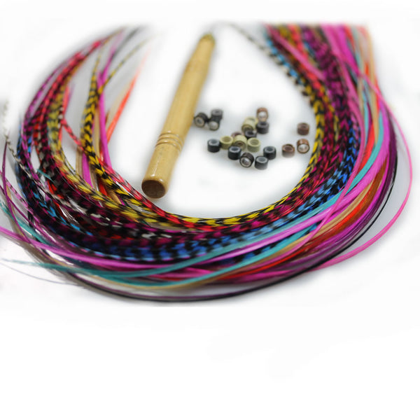 Feather Hair Extensions, 100% Real Rooster Feathers, Long Rainbow Colors, 20 Feathers with Beads and Loop Tool Kit - Sexy Sparkles Fashion Jewelry - 1