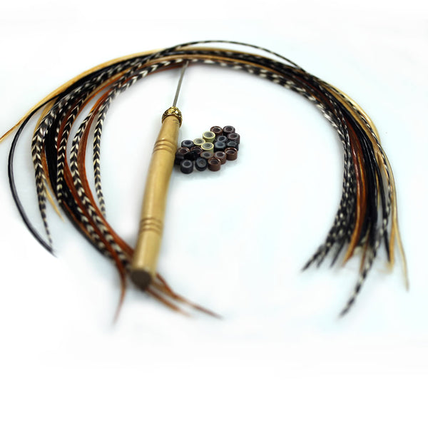 Feather Hair Extensions, 100% Real Rooster Feathers, Long Natural Colors, 20 Feathers with Beads and Loop Tool Kit