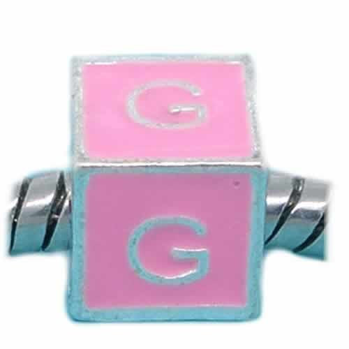 "G" Letter Square Charm Beads Pink Enamel European Bead Compatible for Most European Snake Chain Charm Bracelets