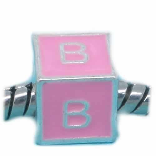 "B" Letter Square Charm Beads Pink Enamel European Bead Compatible for Most European Snake Chain Charm Braceletss