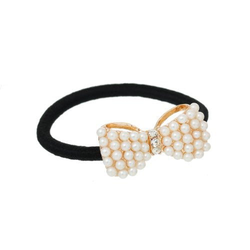 Nylon Cirlce Ring Hair Band Ponytail Holder Black Acrylic Imitation Pearl Choose Your Style From Menu (Bowknot C)
