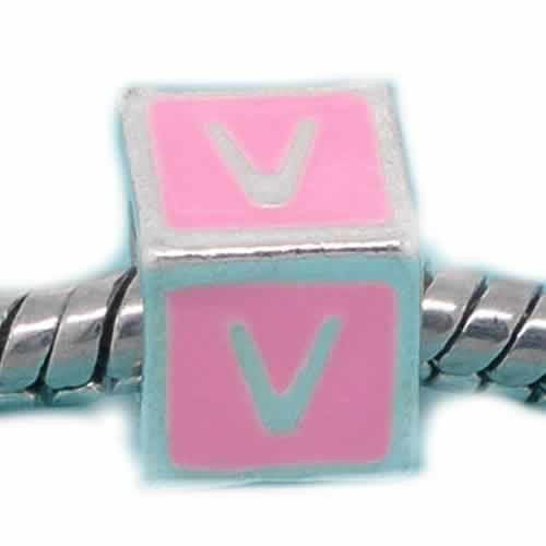 "V" Letter Square Charm Beads Pink Enamel European Bead Compatible for Most European Snake Chain Charm Bracelets - Sexy Sparkles Fashion Jewelry - 1
