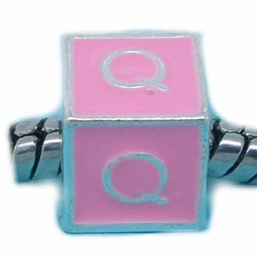 "Q" Letter Square Charm Beads Pink Enamel European Bead Compatible for Most European Snake Chain Charm Braceletss
