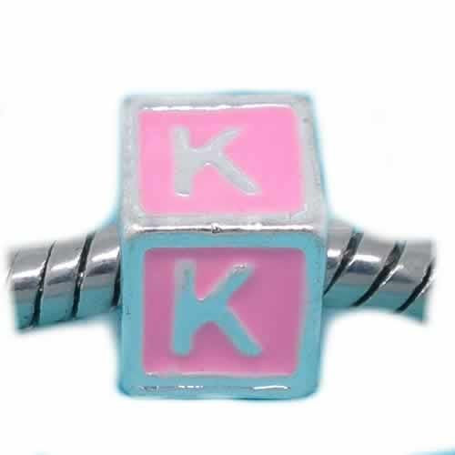 "K" Letter Square Charm Beads Pink Enamel European Bead Compatible for Most European Snake Chain Charm Braceletss
