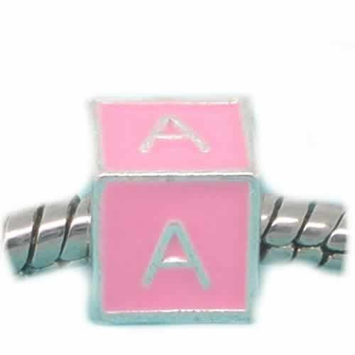 "A" Letter Square Charm Beads Pink Enamel European Bead Compatible for Most European Snake Chain Charm Bracelet