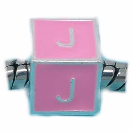 "J" Letter Square Charm Beads Pink Enamel European Bead Compatible for Most European Snake Chain Charm Braceletss