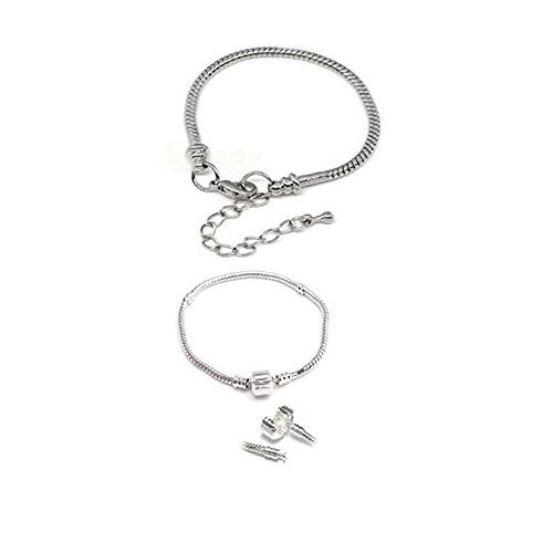 2 (Two) Silver Tone Snake Chain Classic Bead Barrel Clasp + Lobster Clasp Bracelet 8.5"