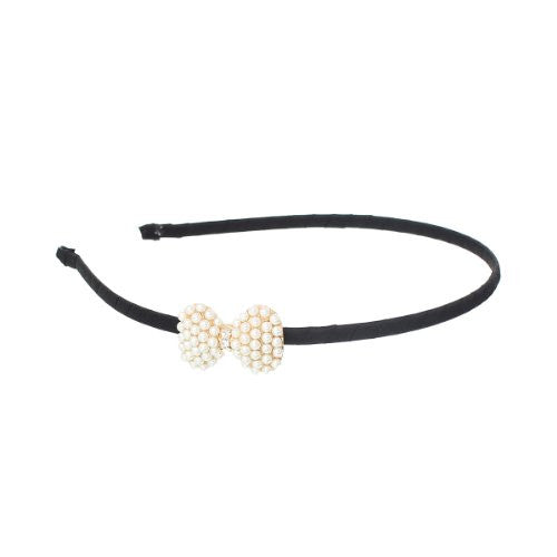 Gold Tone Nylon Hairband Black Acrylic Pearl Imitation Bowknot