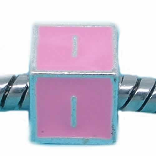 "I" Letter Square Charm Beads Pink Enamel European Bead Compatible for Most European Snake Chain Charm Bracelet