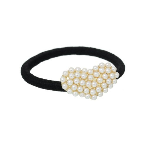 Nylon Cirlce Ring Hair Band Ponytail Holder Black Acrylic Imitation Pearl Choose Your Style From Menu (Heart)