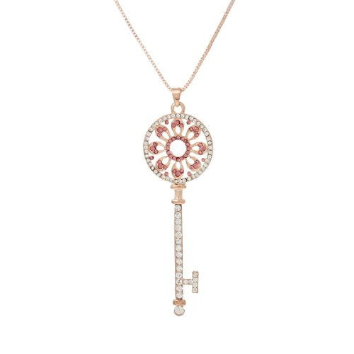 Snake Chain Pendant Necklace Rose Gold Tone Key with Fuchsia  Crystals and Lobster Clasp Extender