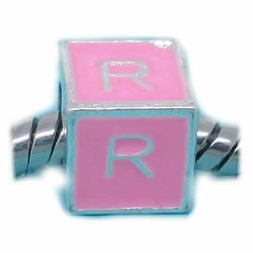 "R" Letter Square Charm Beads Pink Enamel European Bead Compatible for Most European Snake Chain Charm Bracelet