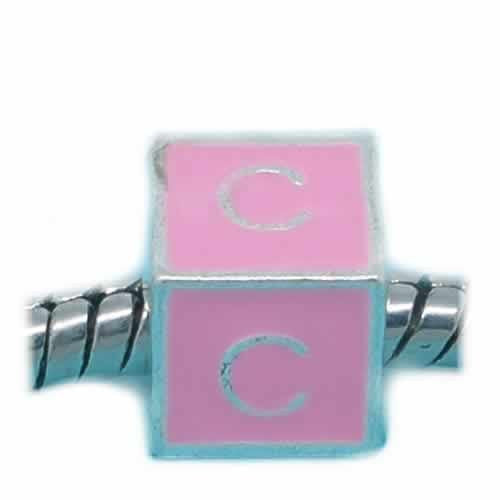 "C" Letter Square Charm Beads Pink Enamel European Bead Compatible for Most European Snake Chain Charm Bracelets