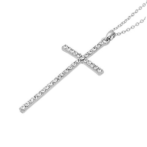Fashion Jewelry Women Necklace Silver Tone Cross Clear Rhinestone 43.5cm(17 1/8) Long, - Sexy Sparkles Fashion Jewelry - 2