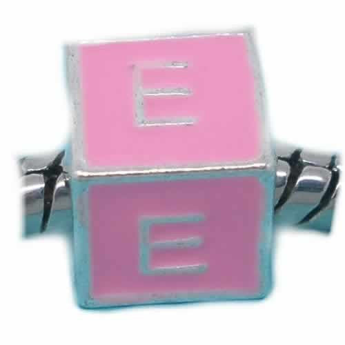 "E" Letter Square Charm Beads Pink Enamel European Bead Compatible for Most European Snake Chain Charm Braceletss