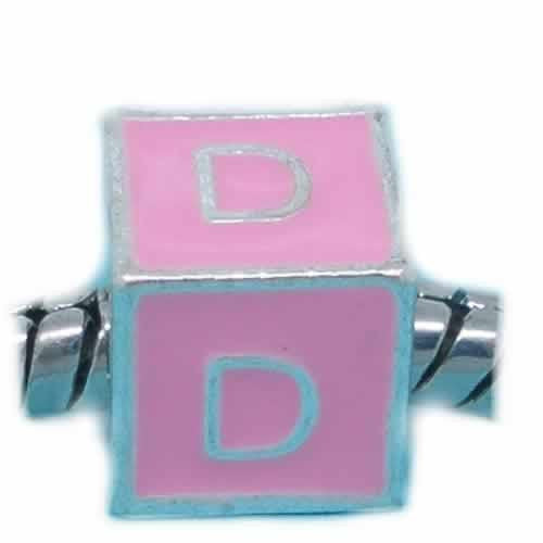 "D" LetterSquare Charm Beads Pink Enamel European Bead Compatible for Most European Snake Chain Charm Braceletss