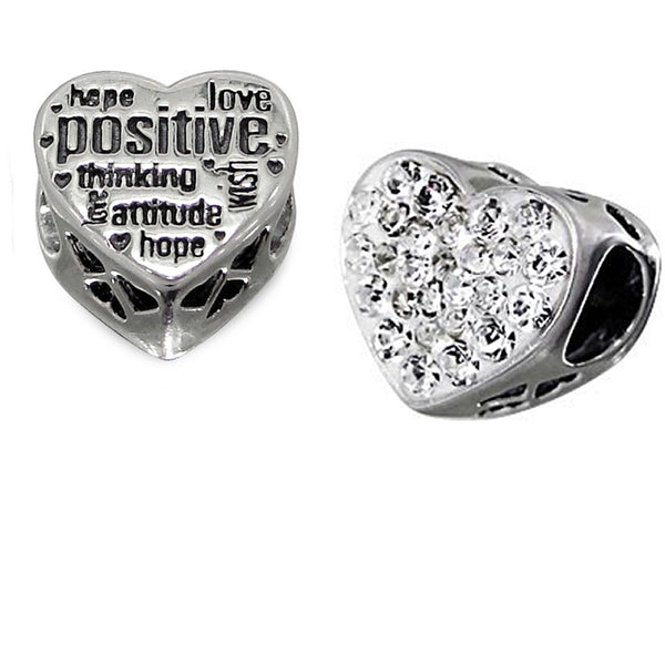 .925 Sterling Silver "Heart  w/ Rhinestone Clears Hope, Love Positive..."  Charm Spacer Bead for Snake Chain Charm Bracelet