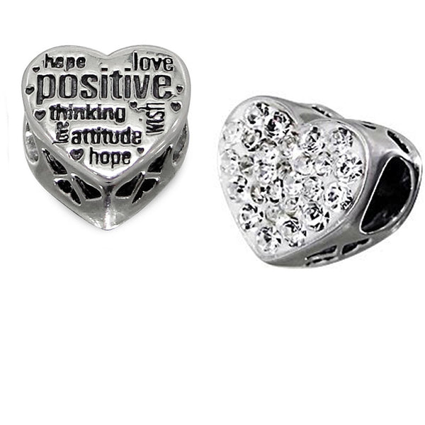 .925 Sterling Silver "Heart  w/ Rhinestone Clears Hope, Love Positive..."  Charm Spacer Bead for Snake Chain Charm Bracelet - Sexy Sparkles Fashion Jewelry