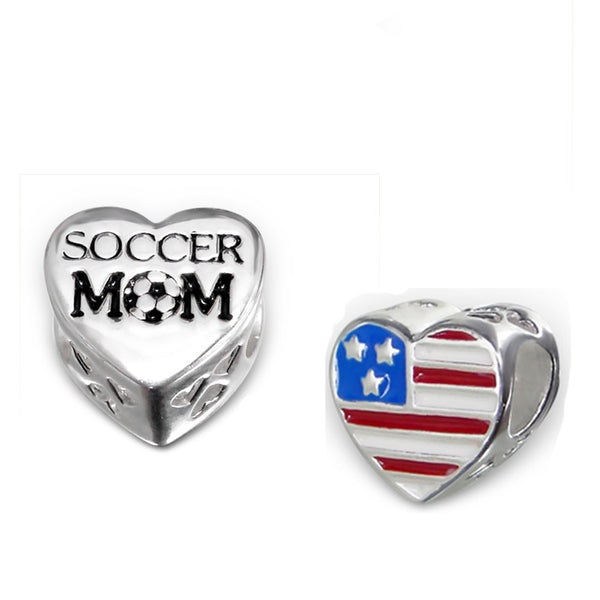 .925 Sterling Silver "Heart American Flag  Soccer Mom"  Charm Spacer Bead for Snake Chain Charm Bracelet
