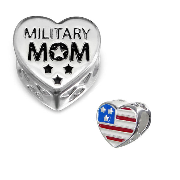 .925 Sterling Silver "Heart American Flag Military Mom"  Charm Spacer Bead for Snake Chain Charm Bracelet