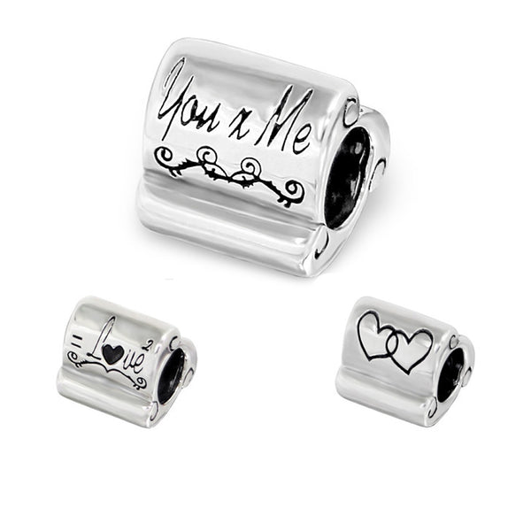 .925 Sterling Silver "3 sides You x Me, 2Heart = Love"  Charm Spacer Bead for Snake Chain Charm Bracelet - Sexy Sparkles Fashion Jewelry