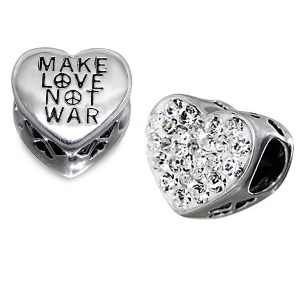 .925 Sterling Silver "Heart Make Love Not War"  Charm Spacer Bead for Snake Chain Charm Bracelet - Sexy Sparkles Fashion Jewelry