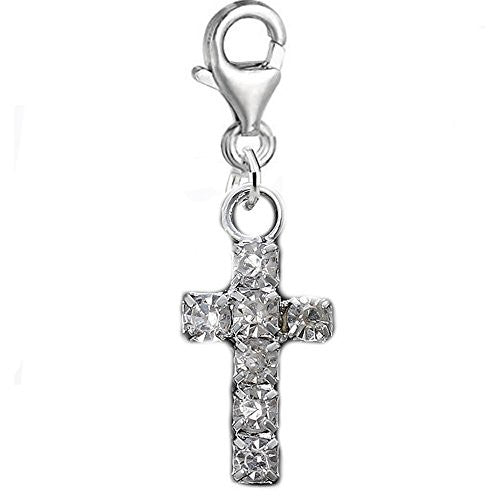Cross with Clear  Crystals Clip on Pendant for European Charm Jewelry w/ Lobster Clasp