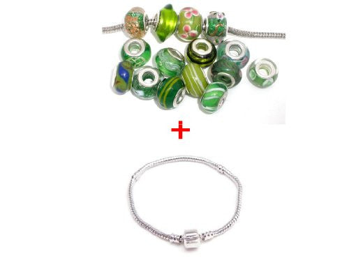 9.0 Inch Bracelet + Ten Pack of Assorted Green Glass Lampwork, Murano Glass Beads