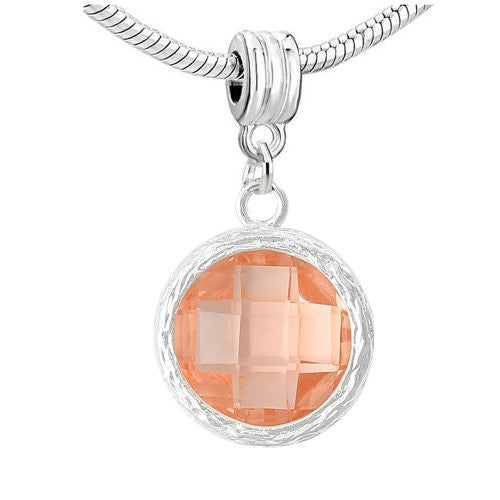 Copper Charm Pendants Birthstone Round Bright Sparkly Silver Pink Cubic Zirconia Faceted