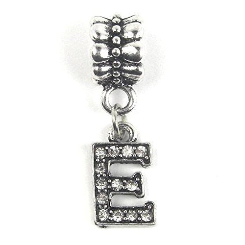 "E" Letter Dangle Charm Beads with Crystals for Snake Chain Charm Bracelet