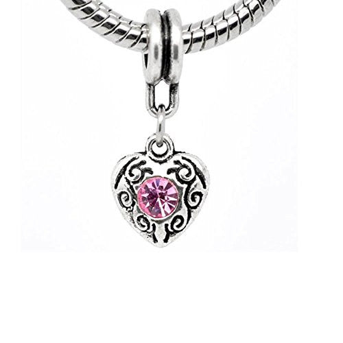 Heart Dangle With  June/ October Pink Birthstone Charms for Snake Chain Bracelet - Sexy Sparkles Fashion Jewelry - 1