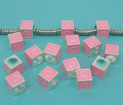"Q" Letter Square Charm Beads Pink Enamel European Bead Compatible for Most European Snake Chain Charm Braceletss - Sexy Sparkles Fashion Jewelry - 2