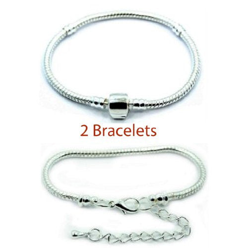 2 (Two) 9" Silver Tone Snake Chain Classic Bead Barrel Clasp +Starter Master Lobster Clasp Bracelet. - Sexy Sparkles Fashion Jewelry