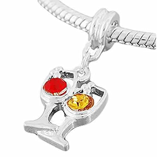 "Wine Glasses Red/Orange Dangle " w/ Rhinestones Bead For Snake Chain Charm Bracelet - Sexy Sparkles Fashion Jewelry