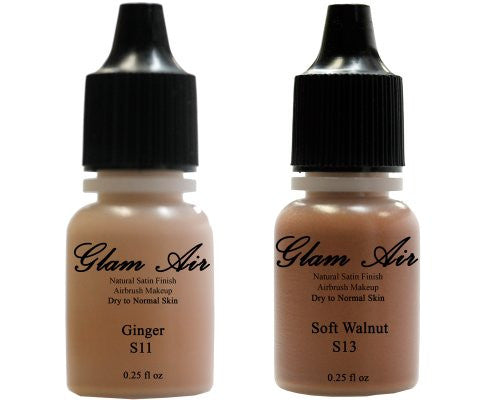 Airbrush Makeup Foundation Satin S11 Ginger and S13 Soft Walnut Water-based Makeup Lasting All Day 0.25 Oz Bottle By Glam Air