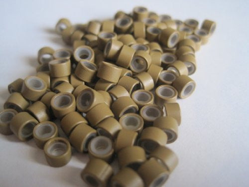 100 PCS 5mm Light Brown Silicone Lined Micro Links Rings Beads for Installation for Feather and Hair Extensions