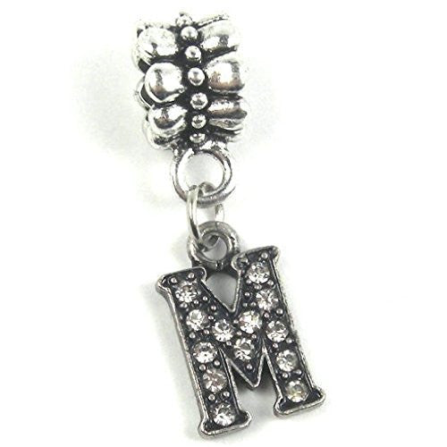 "M" LetterDangle Charm Beads with Crystals for Snake Chain Charm Bracelet