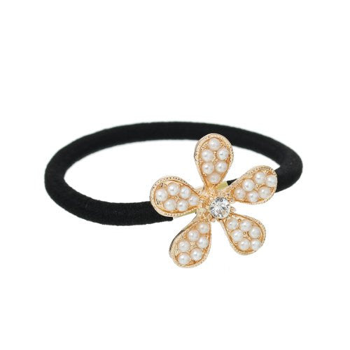 Nylon Cirlce Ring Hair Band Ponytail Holder Black Acrylic Imitation Pearl Choose Your Style From Menu (Flower)