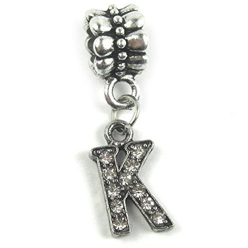 "K" Letter Dangle Charm Beads with Crystals for Snake Chain Charm Bracelet
