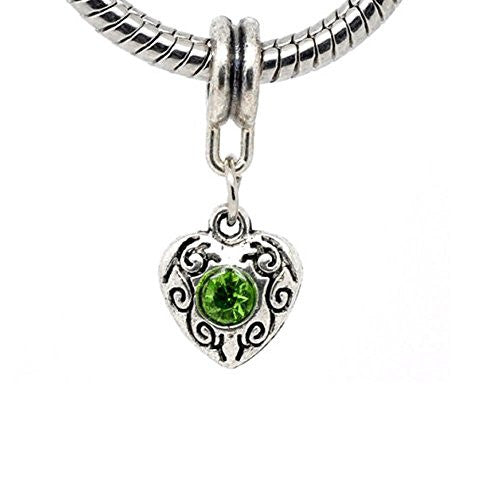Heart August Green Rhinestone Dangle Charms for Snake Chain Bracelet Charms