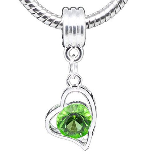 August Birthstone Heart with Light Green rhinestone charm for European Snake chain charm bracelet - Sexy Sparkles Fashion Jewelry - 1