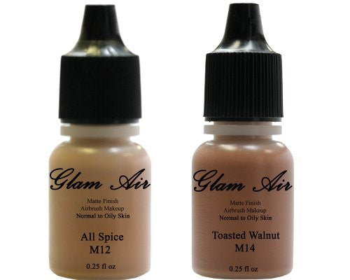 Airbrush Makeup Foundation Matte M12 All Spice and M14 Toasted Walnut Water-based Makeup Lasting All Day 0.25 Oz Bottle By Glam Air