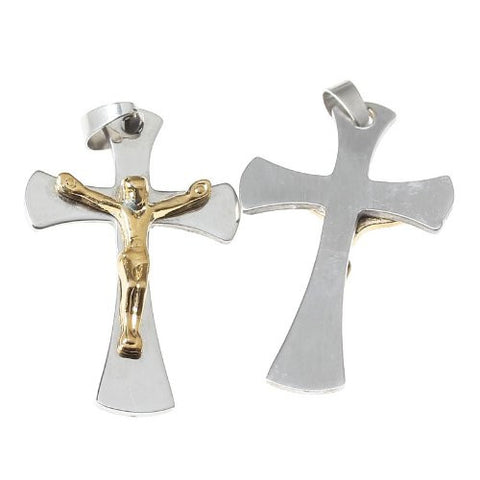 Stainless Steel Charm Pendants Cross Silver Tone & Golden Jesus Pattern 5.7cm x 3.2cm - Sexy Sparkles Fashion Jewelry - 2