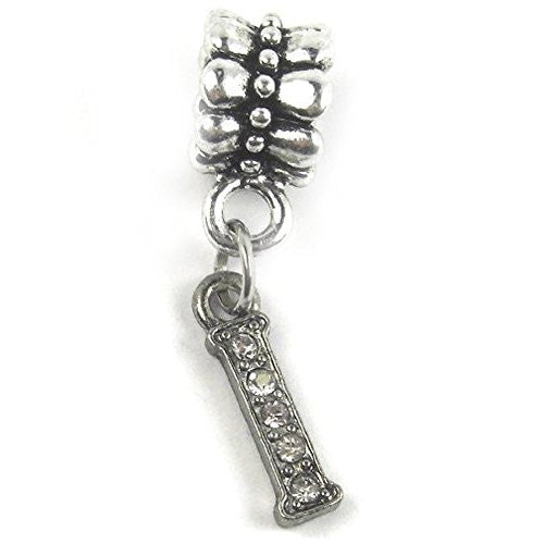 "I" Letter Dangle Charm Beads with Crystals for Snake Chain Charm Bracelet