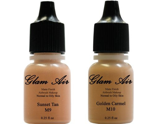Airbrush Makeup Foundation Matte M9 Sunset Tan and M10 Golden Carmel Water-based Makeup Lasting All Day 0.25 Oz Bottle By Glam Air