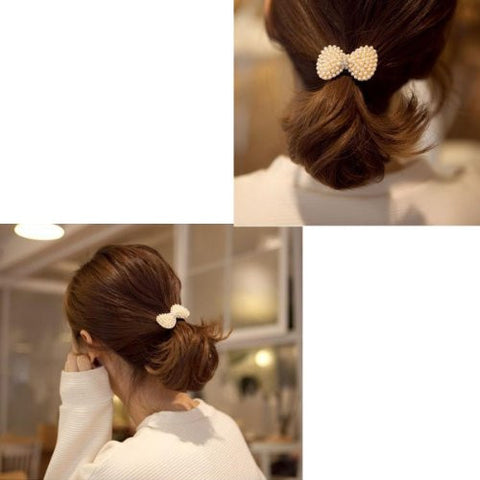 Nylon Cirlce Ring Hair Band Ponytail Holder Black Acrylic Imitation Pearl Choose Your Style From Menu (Bowknot A) - Sexy Sparkles Fashion Jewelry - 3