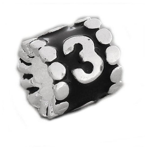 Black Enamel Number  "3" Charm Compatible with European Snake Chain Charm Bracelet - Sexy Sparkles Fashion Jewelry - 3